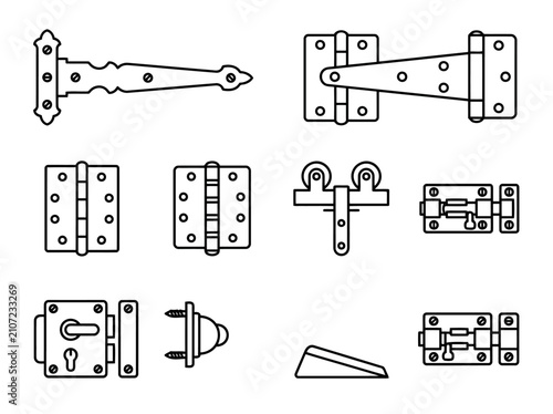 Set of door hardware icons, including various hinges, latches, locks, and a door stopper, vector illustration