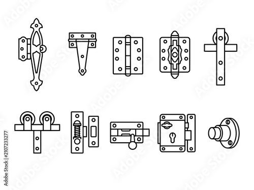 Set of door hardware icons, including various types of hinges, latches, locks, and rollers for sliding doors, vector illustration