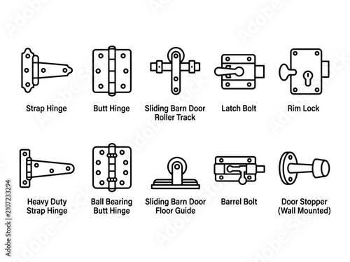 Set of door hardware icons including hinges, latches, locks, and door stoppers, vector illustration