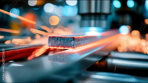 Glowing steel bar processed by heavy industrial machinery with flying sparks, illustrating metal production, forging, and modern manufacturing