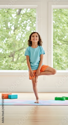 Young girl practicing tree pose yoga on mat indoors with exercise wellness training
