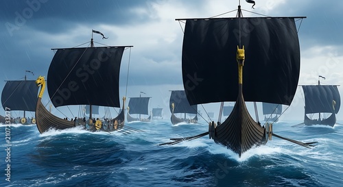 Three Viking longships sailing through stormy waters with crew members aboard.