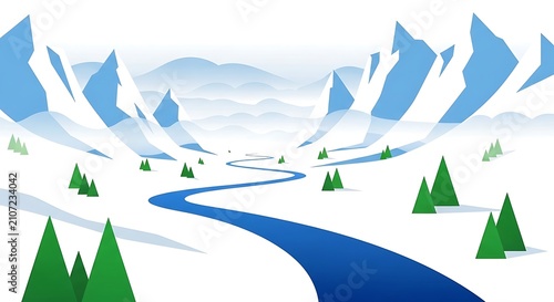 Flat design illustration of a winding river through snow-covered mountains and evergreen trees.