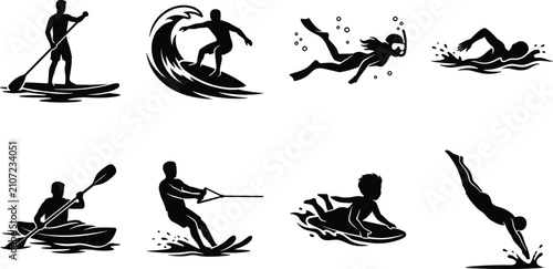 Bild auf Leinwand Water Sports Silhouette Set Featuring Stand Up Paddleboarding, Surfing, Snorkeli