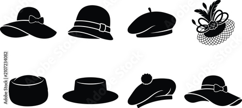 Foto Women Hat Silhouette Set Featuring Sun Hat, Cloche, Beret, Fascinator, Pillbox,
