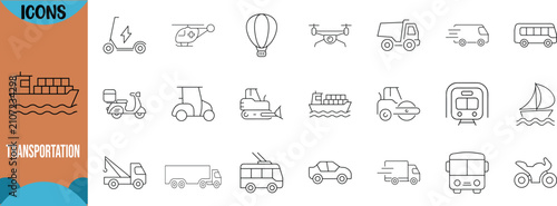 Transportation vehicles outline icon set. car icon set, truck icon set, bus icon set