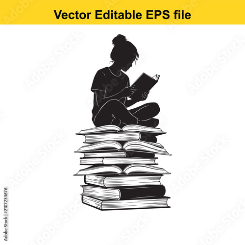 Silhouette of a young girl sitting crosslegged on a tall stack of open books while intently reading a book, isolated on white background