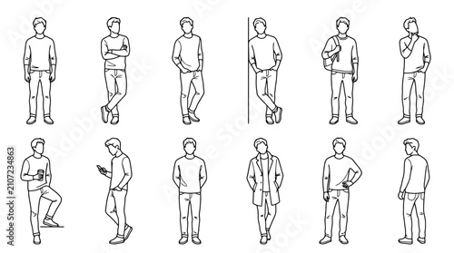 Bild auf Leinwand Collection of diverse male figure line drawings in casual poses