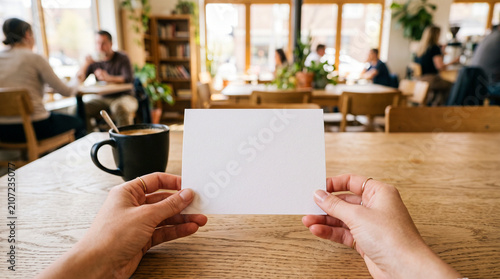 First-Person POV Female Hands Holding Blank White Card Mockup in a Cafe