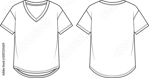 Photos Technical Flat Sketch of Short Sleeve V‑Neck T‑Shirt with Curved Hem
