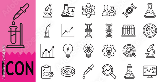 Set of simple outline science and research laboratory web icons.
