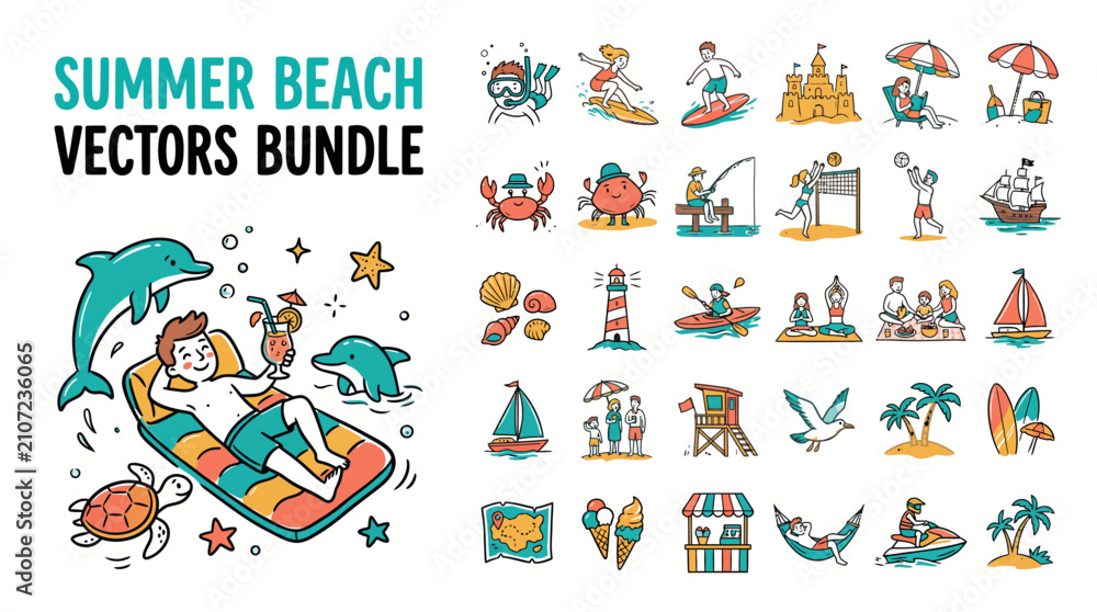 Obraz premium Summer beach vectors bundle, hand drawn tropical vacation icons set, colorful doodle illustrations of sea travel and ocean activities