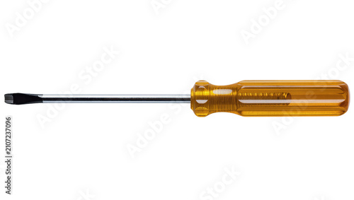 Isolated professional flathead screwdriver with a durable clear yellow plastic handle and shiny metal shaft