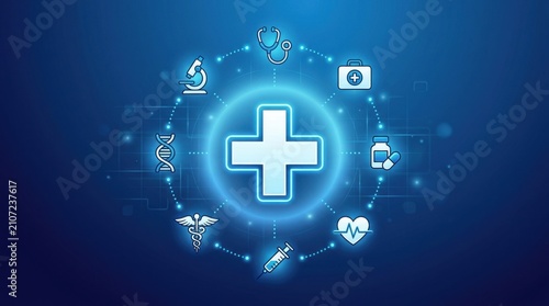 Healthcare technology concept medical icons and a central plus sign in a digital blue network