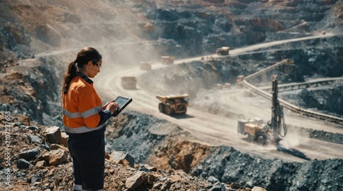 Mining technician overseeing autonomous haul robots and robotic drill rig in modern open pit mine with dust conveyor belts and rock faces