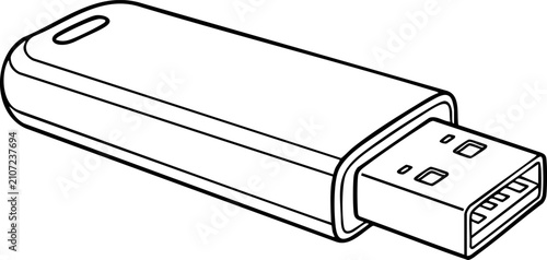 Black and white line art vector illustration of a usb flash drive with usb stick, thumb drive