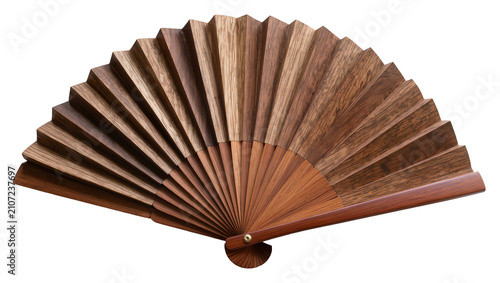 Isolated opened traditional wooden folding hand fan object with intricate wood grain texture