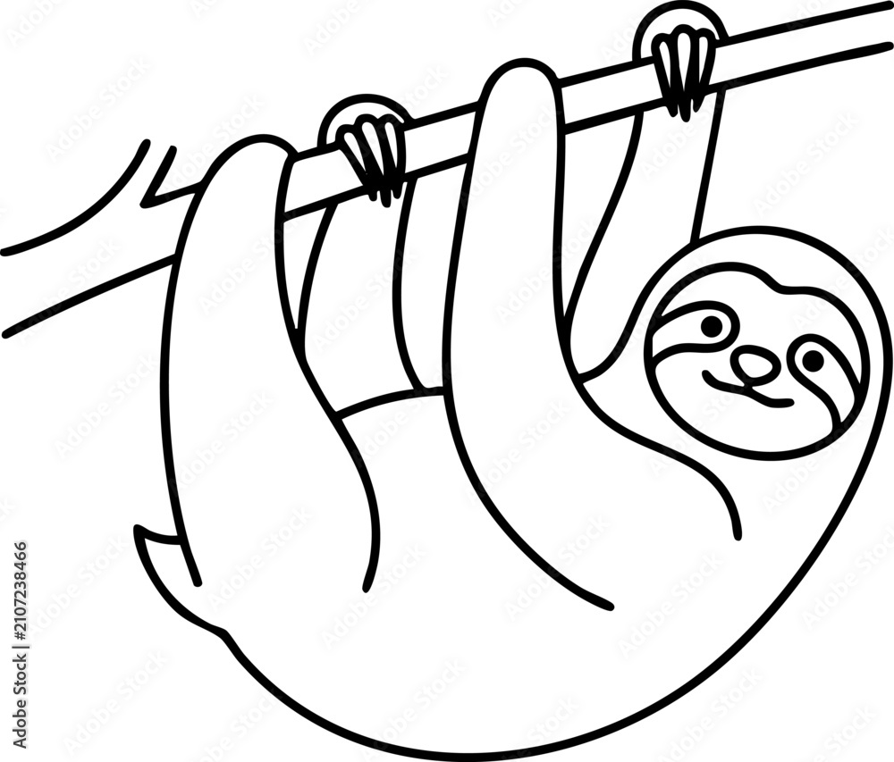 Fototapeta premium Minimalist black and white vector line art of a sloth hanging on a branch with wildlife, tropical