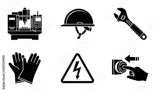 Industrial safety equipment and tools silhouette icons, solid black style, manufacturing and construction