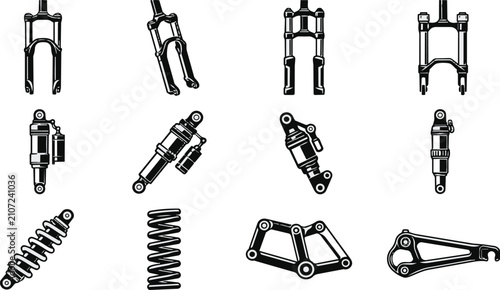 Bicycle Suspension Forks, Shock Absorbers, Springs, Linkages Vector Icons Set