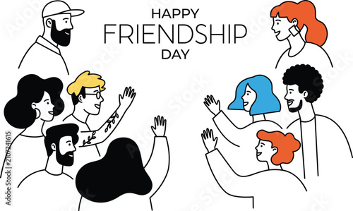 Canvastavla Diverse group of friends greeting and celebrating friendship day with joy and happiness, illustration