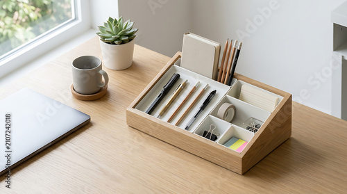 Organized wooden desk organizer with stationery on a modern office table