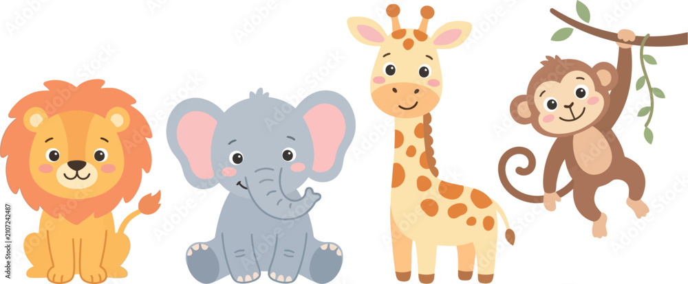 Obraz premium Animals including a lion, elephant, giraffe, and monkey are arranged in a charming collection of stylized characters.