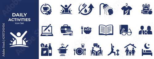 Daily activities icon set illustrating common routine for lifestyle and wellness concepts