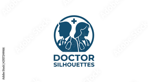 A circular blue silhouette logo displays the profiles of a male and female doctor facing opposite directions, signifying collaboration and professionalism.