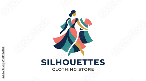 A stylish female silhouette holding a dress represents a modern clothing store logo design.