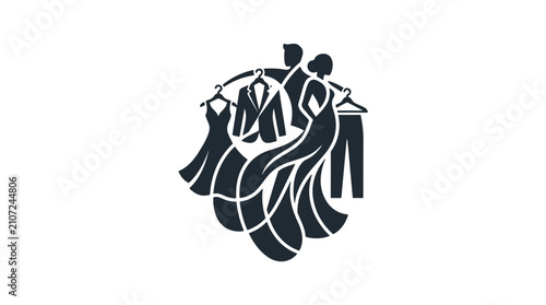 A stylish female silhouette holding a dress represents a modern clothing store logo design.