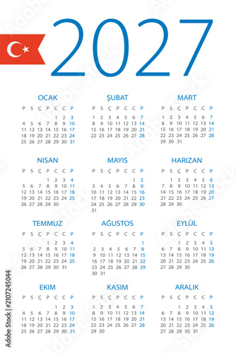 Calendar 2027 - illustration. Turkish version. Week starts on Sunday