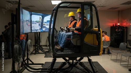 Construction students training in an excavator simulator cab with joysticks, wraparound monitors, motion platform, and safety gear in a vocational lab.
