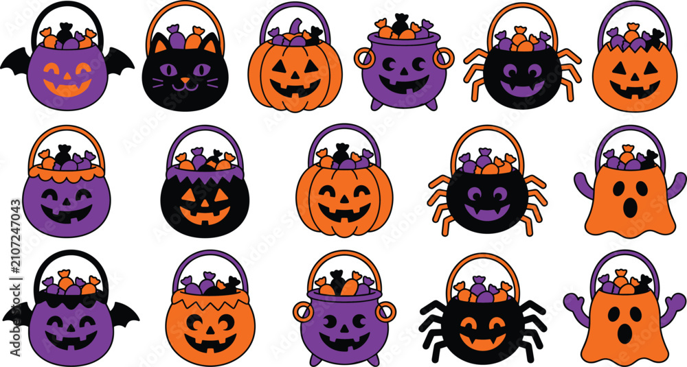 Fototapeta premium Halloween candy bucket icon collection featuring trick or treat pumpkin pails in flat vector illustration style
