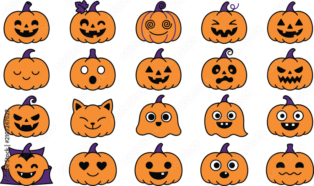 Obraz premium Cute Halloween pumpkin character icon collection featuring expressive jack o lantern faces in flat vector illustration style