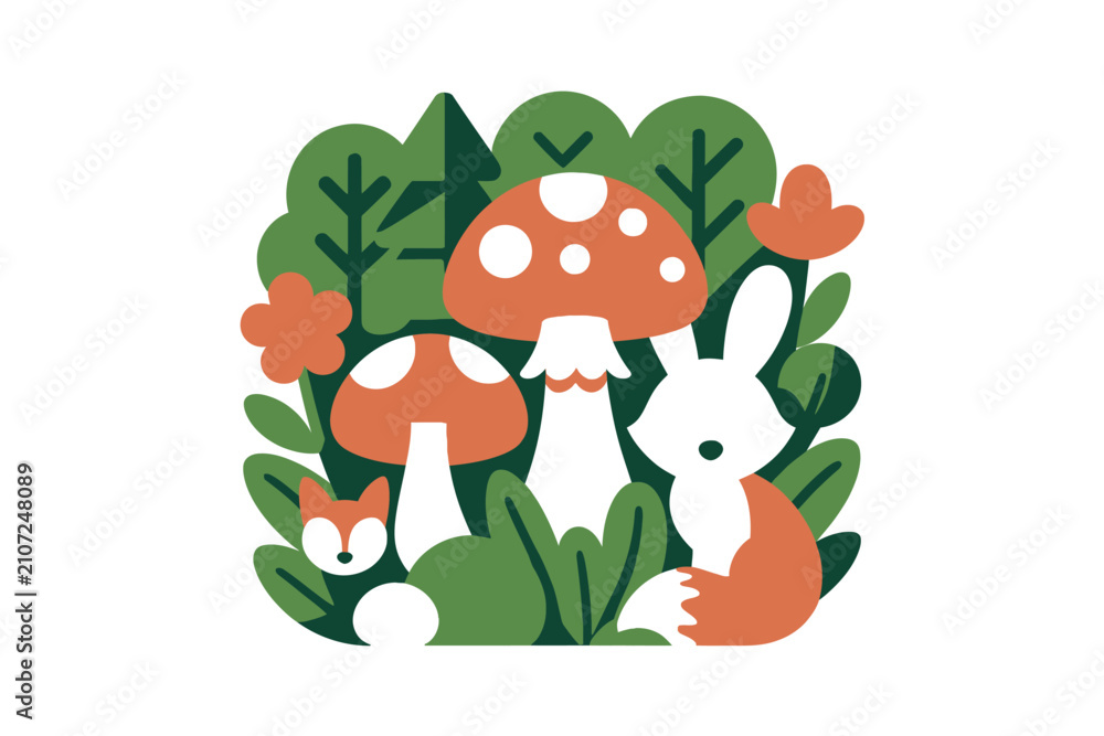 Fototapeta premium Flat Vector Illustration Featuring A Cute White Rabbit And A Fox Face Surrounded By Red Toadstool Mushrooms With Green Foliage In A Forest Setting