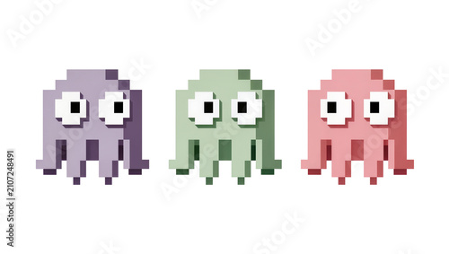 Isolated pixel art ghost monsters with tentacles, retro video game characters, colorful design