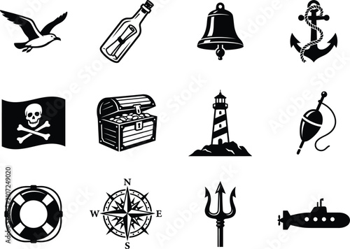 Bilde på lerret Pirate and seafaring adventure icons set featuring treasure chests compass bells skulls sea waves and nautical equipment