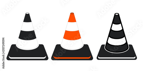 Set of Flat Traffic Cones Isolated on White Background