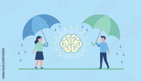 Man and woman holding umbrellas to protect a glowing brain icon from falling rain as a symbol of mental health awareness.