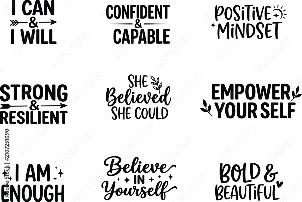 Obraz premium Nine inspirational typography quotes for wall art t shirts and positive affirmation merchandise