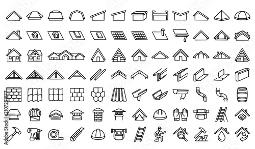 House Roof Types and Construction Line Icon Set with Shingles Trusses Gutters and Carpentry Tools for Architecture Engineering and Home Improvement Designs