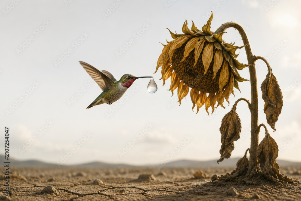 Fototapeta premium Hummingbird carries a water drop toward a wilted sunflower. Space for text.