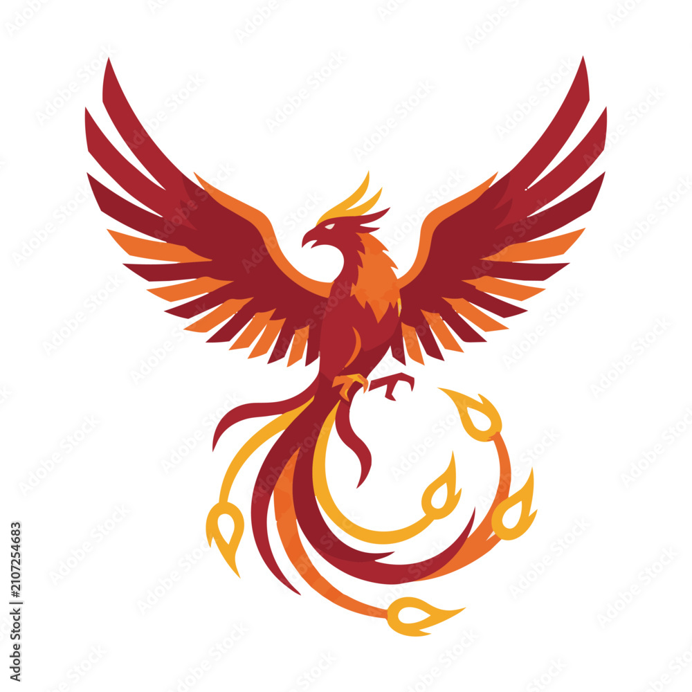 Fototapeta premium A stylized mythological phoenix with wide wings and flame-like tail feathers, rendered in a bold flat graphic style, isolated on white. Powerful mythical creature concept