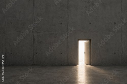 Open door casts bright light across a concrete room. Space for text.