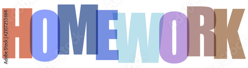Multicolored homework text in pastel colors on white