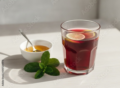 Hibiscus tea with lime and mint, served with honey in a small bowl