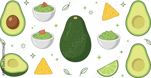 Foto Fresh avocado vector set featuring whole fruit, halves with pit, bowls of guacam