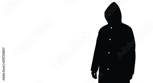 A dark silhouette of a hooded person standing against a white background a stark monochromatic image silhouette