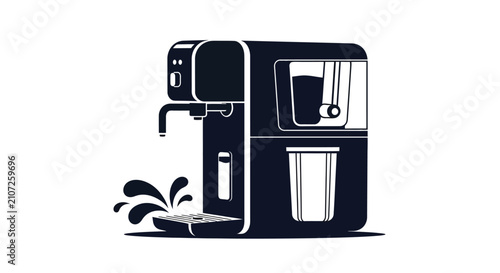 Schilderij op canvas Espresso machine with coffee cup and splash black and white silhouette maker bre